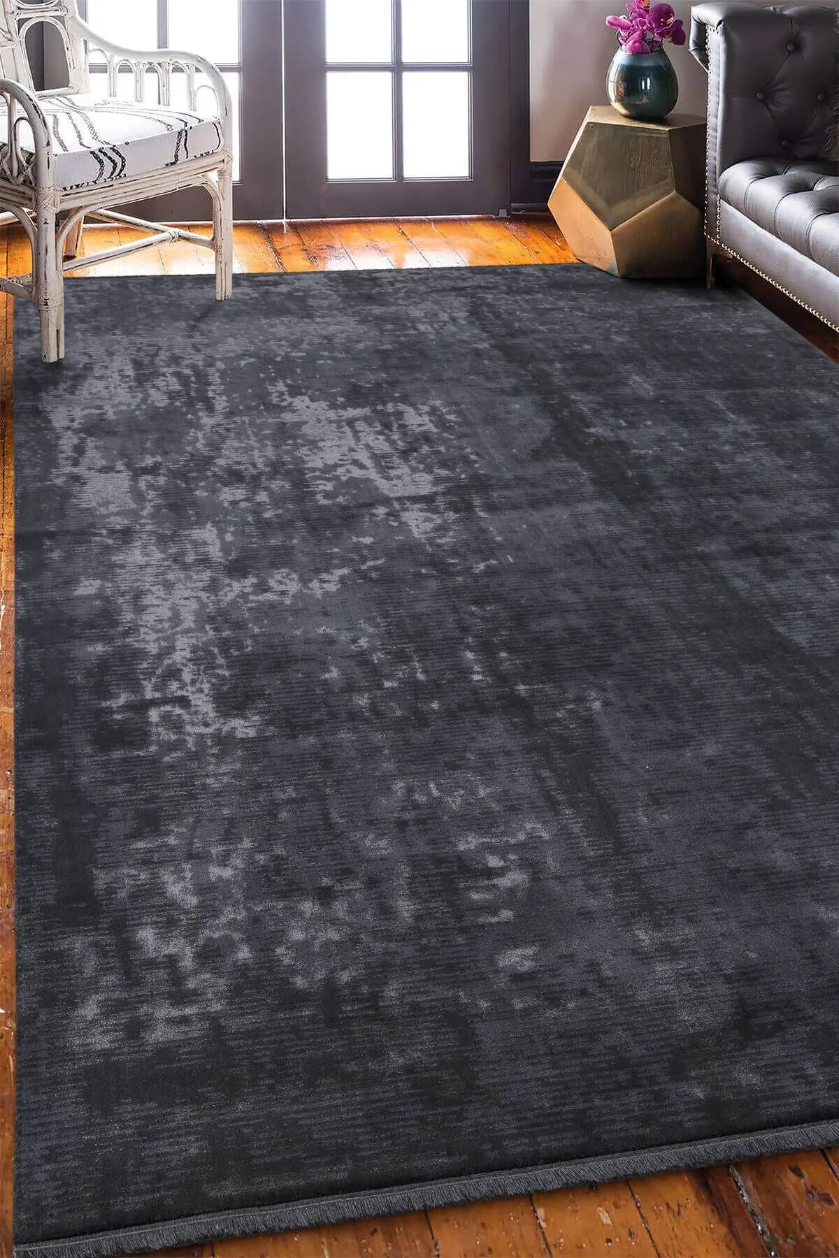 Antrasit Rengi Vintage Bambu Altı Kaymaz Makine Dokuma Halı
