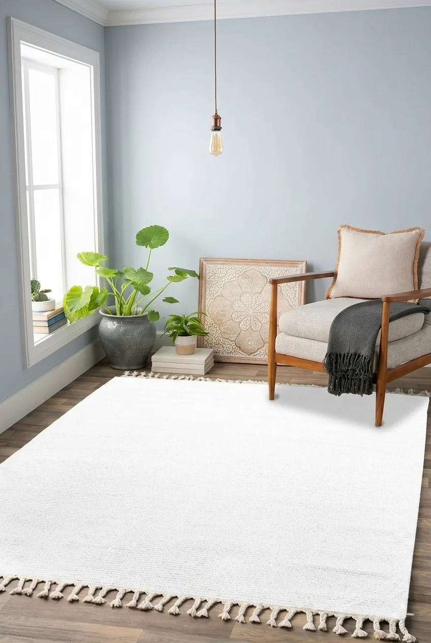 Beyaz Renkli  Soft Iskandinav Peluş Dokulu Makine Halısı