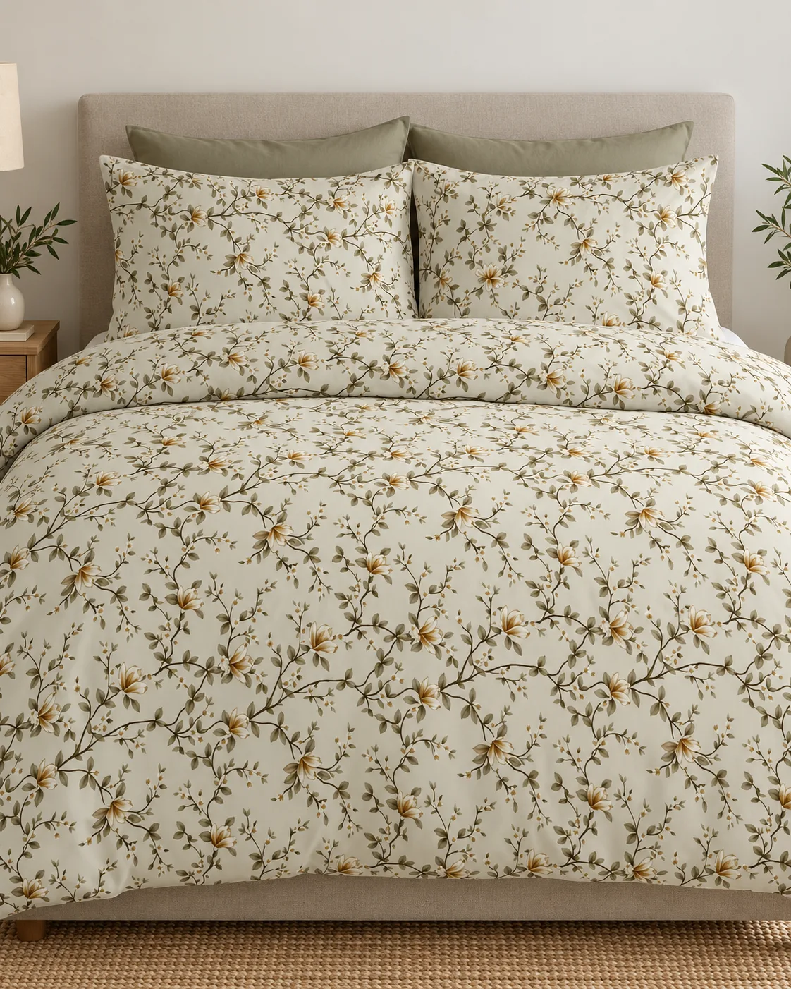 Çift Kişilik Desenli Krem Yeşil Yastıklı Nevresim Takımı HÇ13 200x220