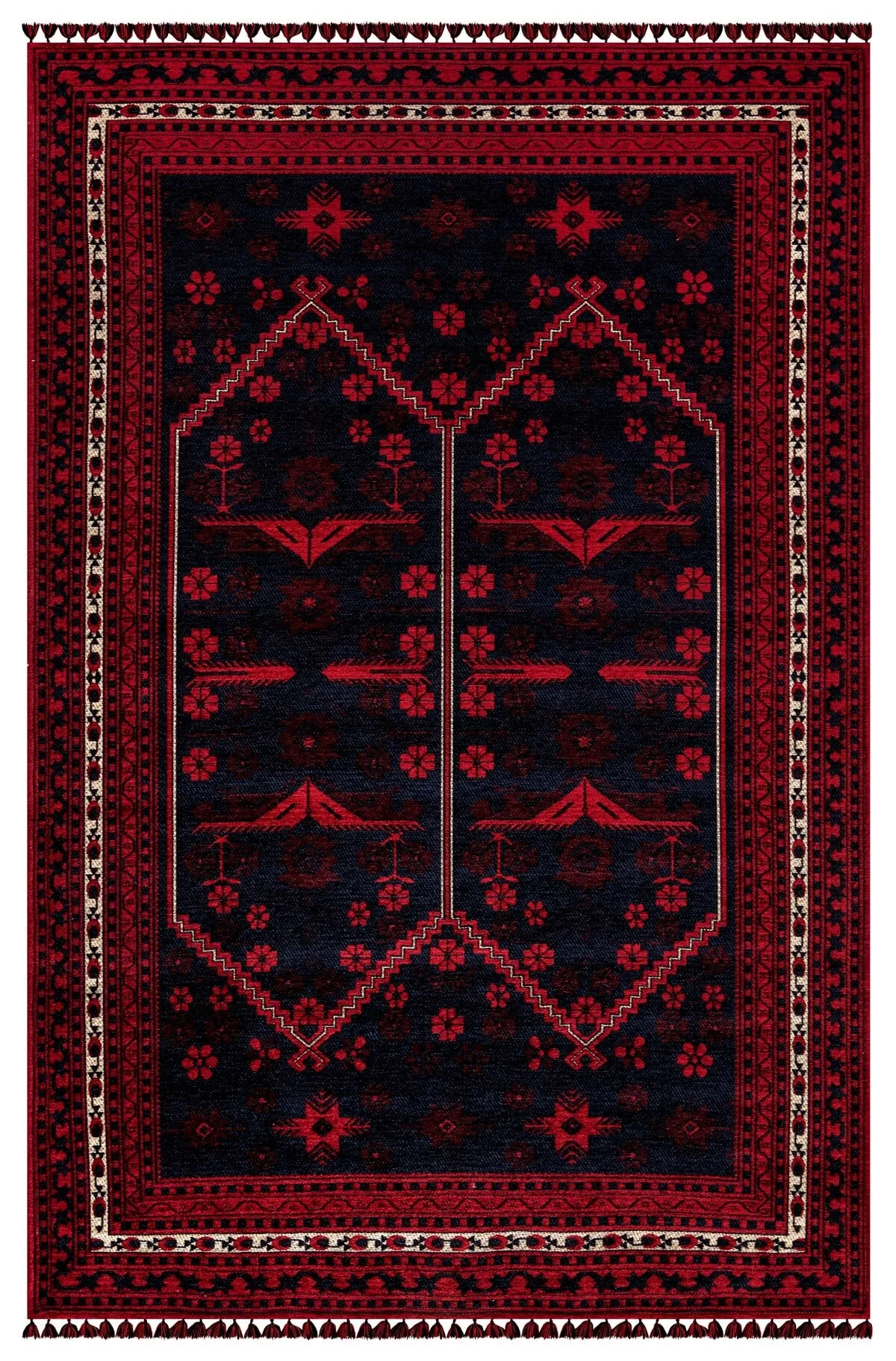 Kırmızı Renkli Afgan Tarzı Altı Kaymaz Şönil Kilim