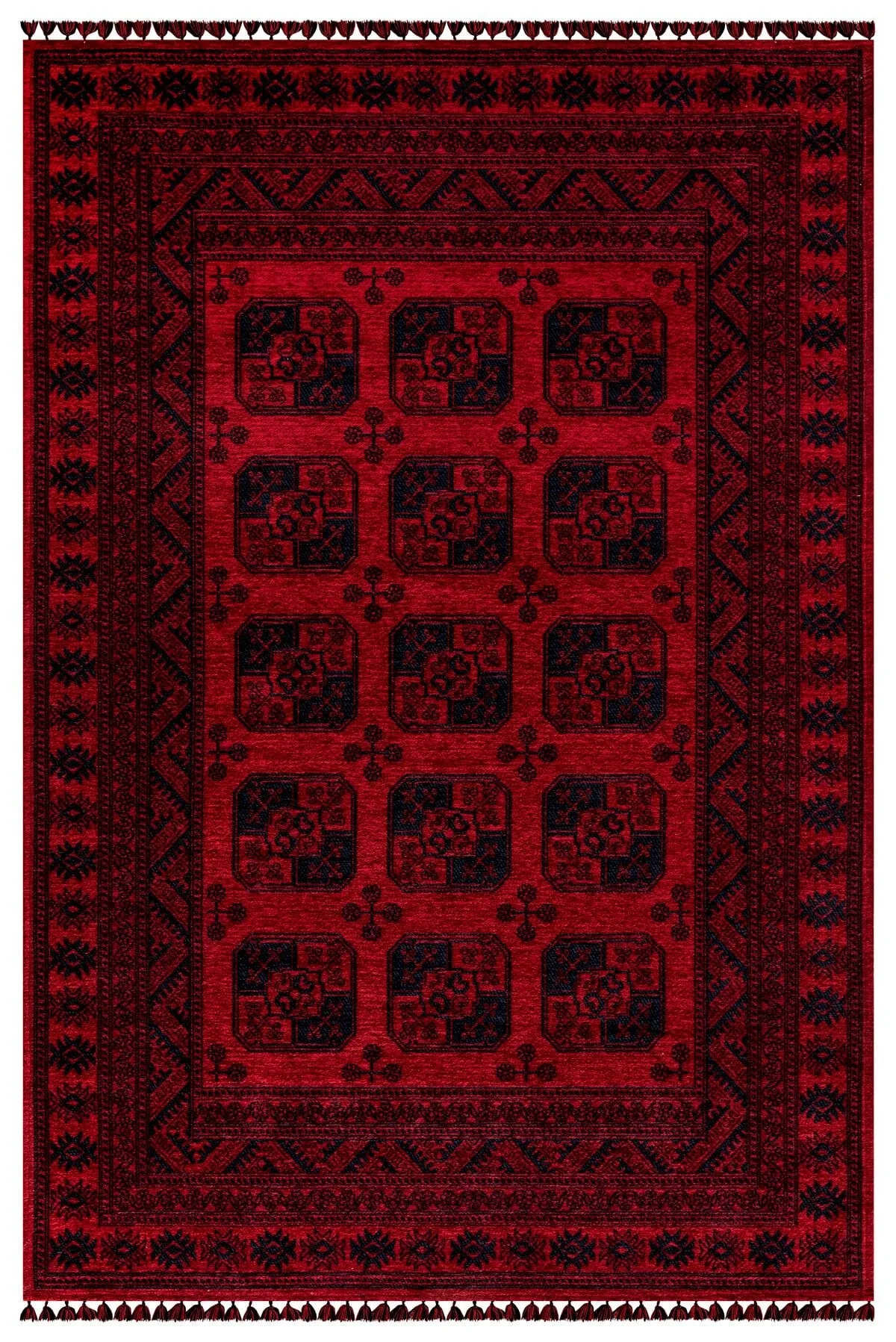Kırmızı Renkli Afgan Tarzı Altı Kaymaz Yıkanabilir Şönil Kilim