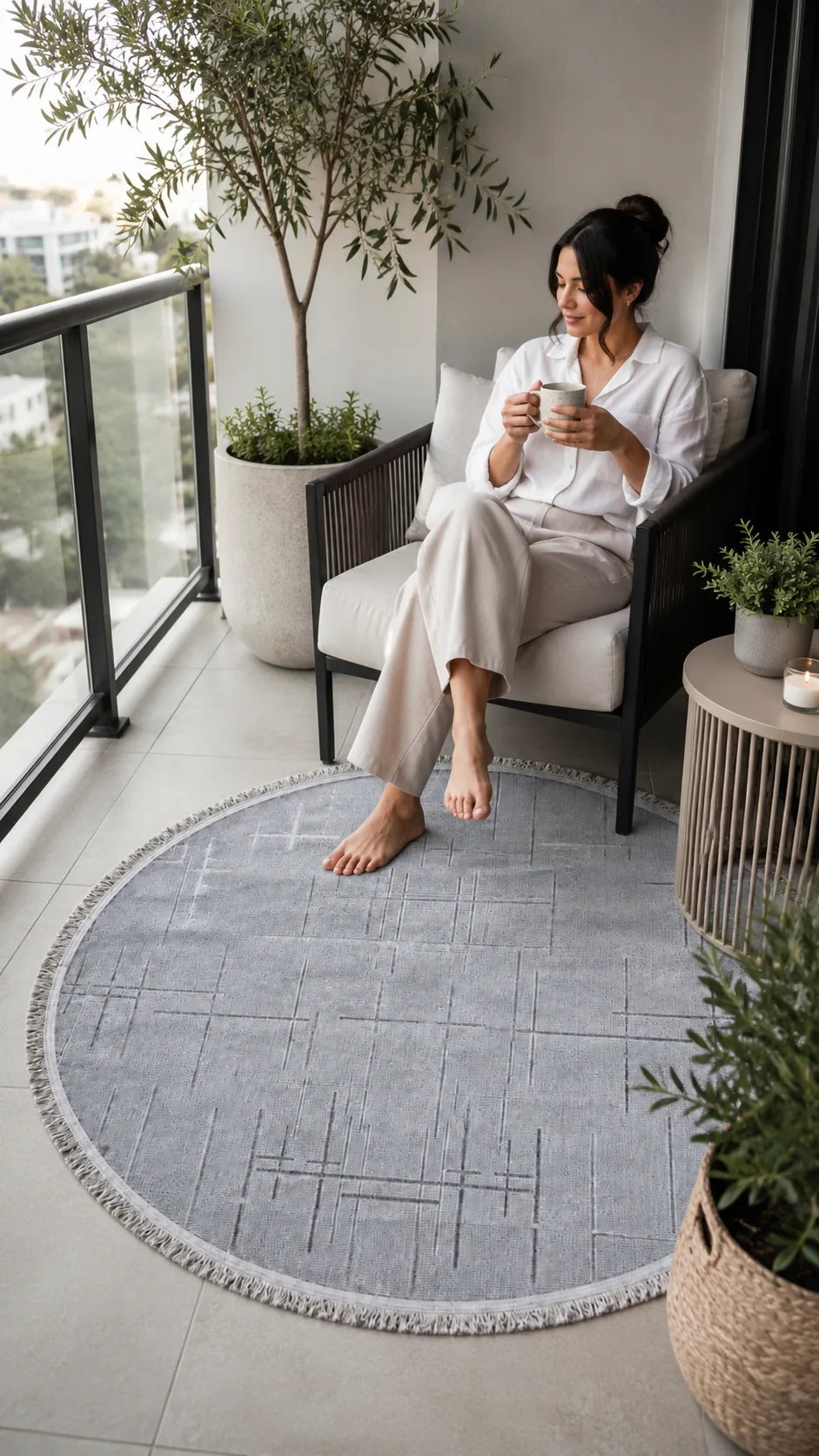 Lotus Bambu Model Altı Kaymaz Yuvarlak Makine Dokuma Halı Gri