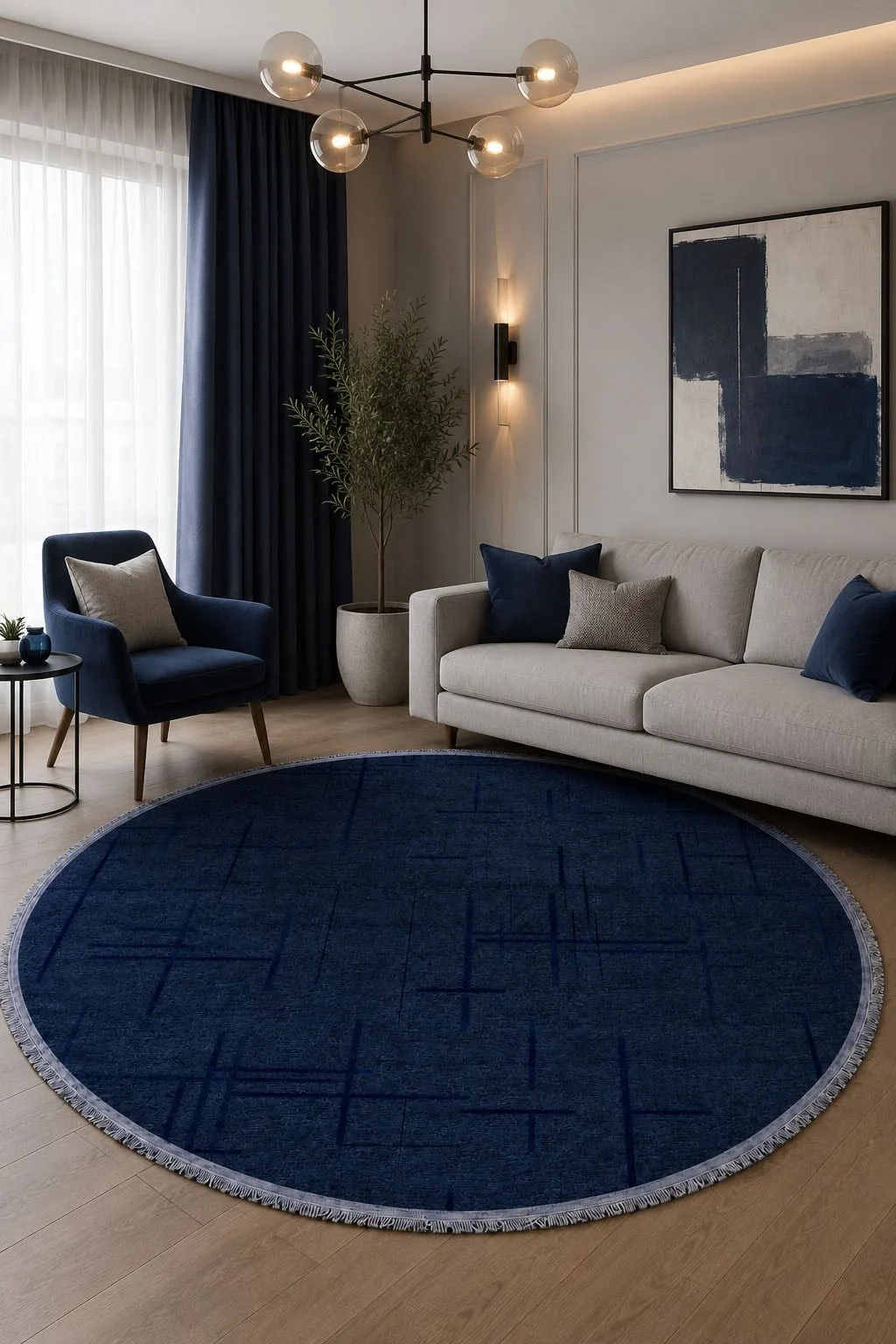 Lotus Bambu Model Altı Kaymaz Yuvarlak Makine Dokuma Halı Lacivert