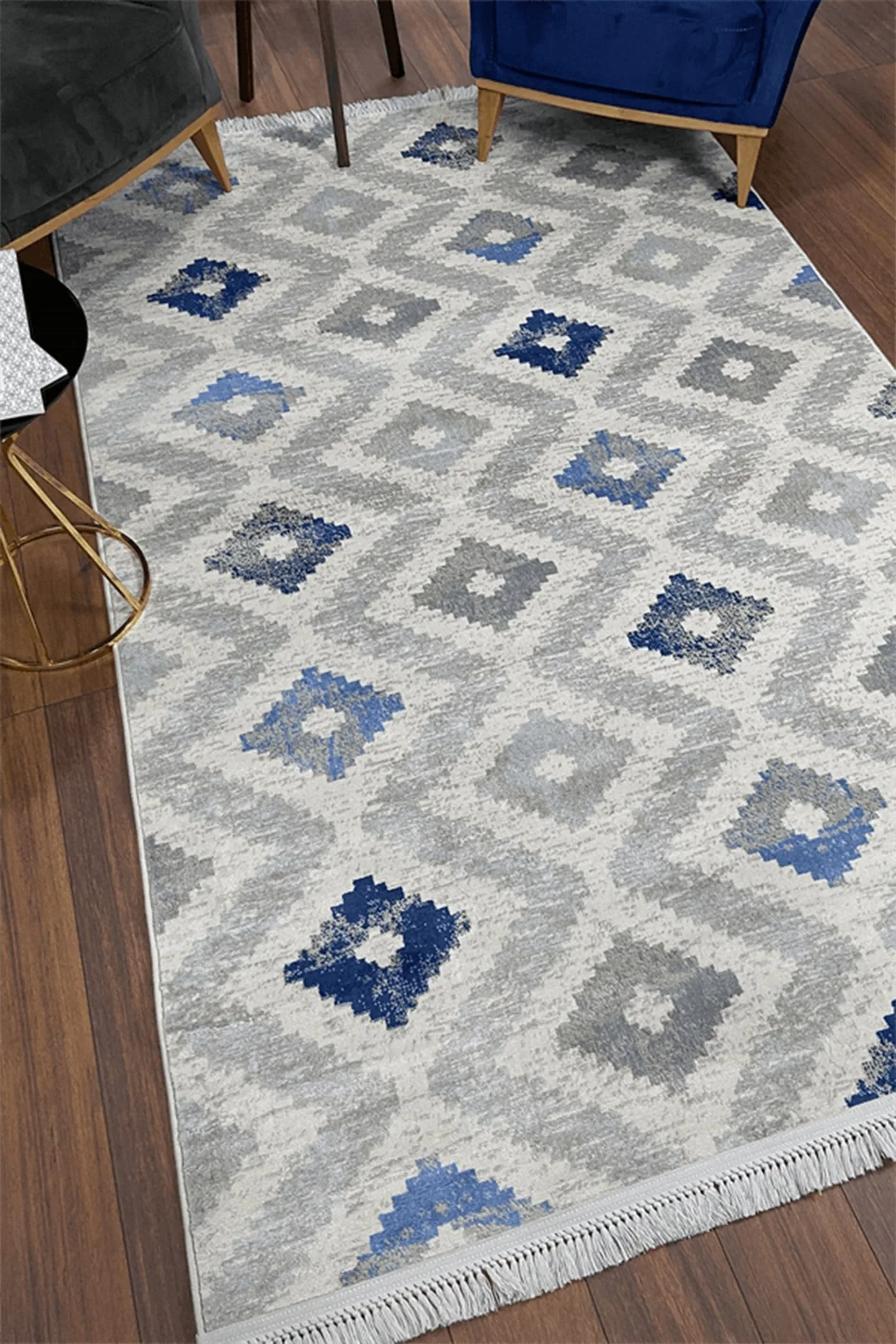 Blue Cream Non-Slip Woven Base Washable Decorative Rug - 7066