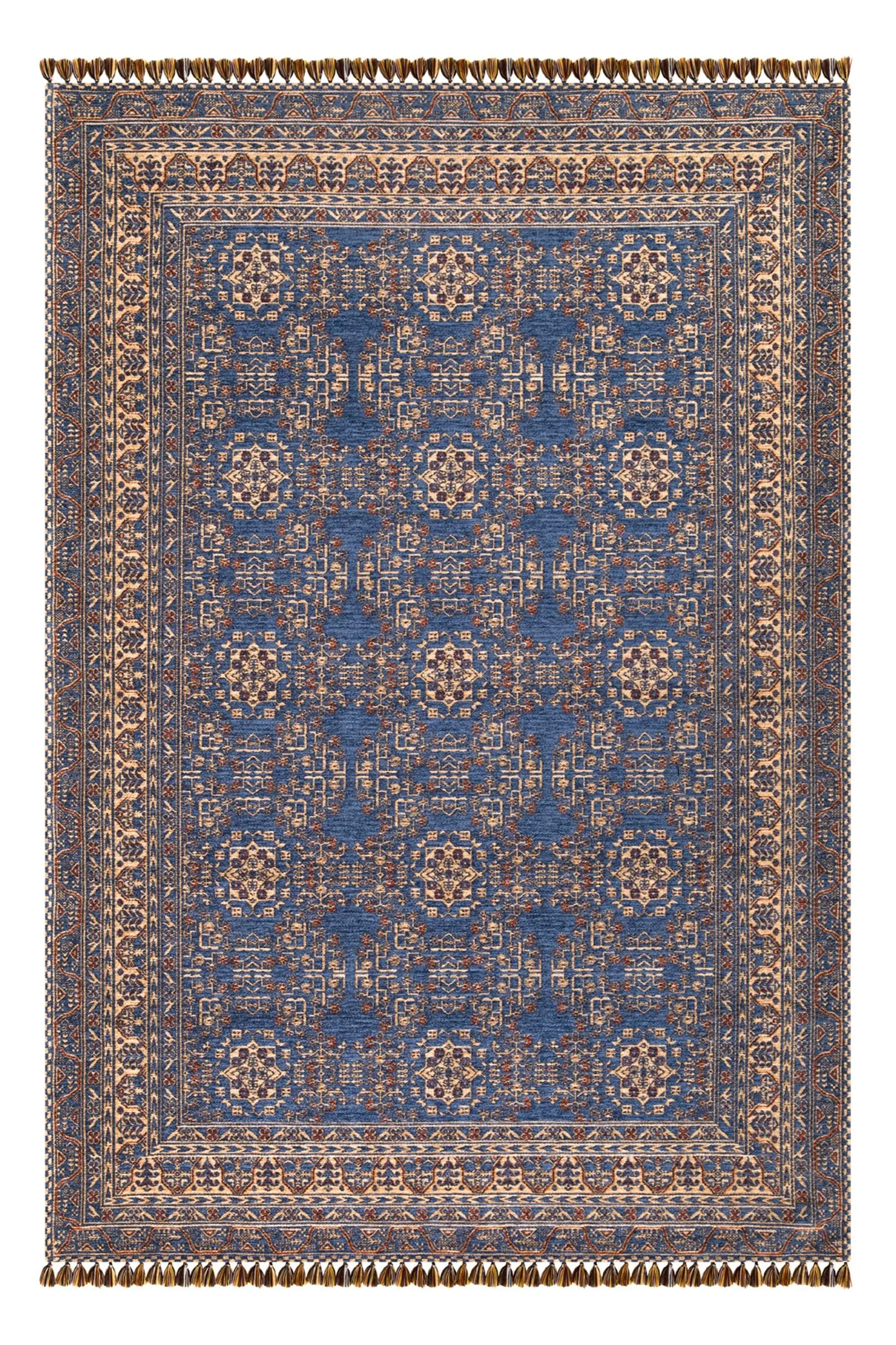 Mavi Renkli Afgan Tarzı Altı Kaymaz Yıkanabilir Şönil Kilim