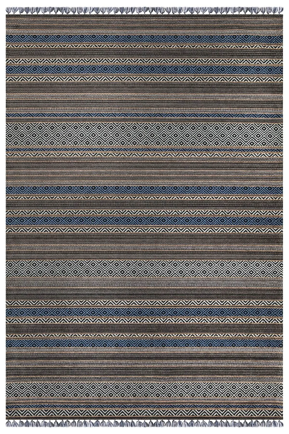 Mavi Renkli Kaymaz Tabanlı Yıkanabilir Makine Dokuma Kilim
