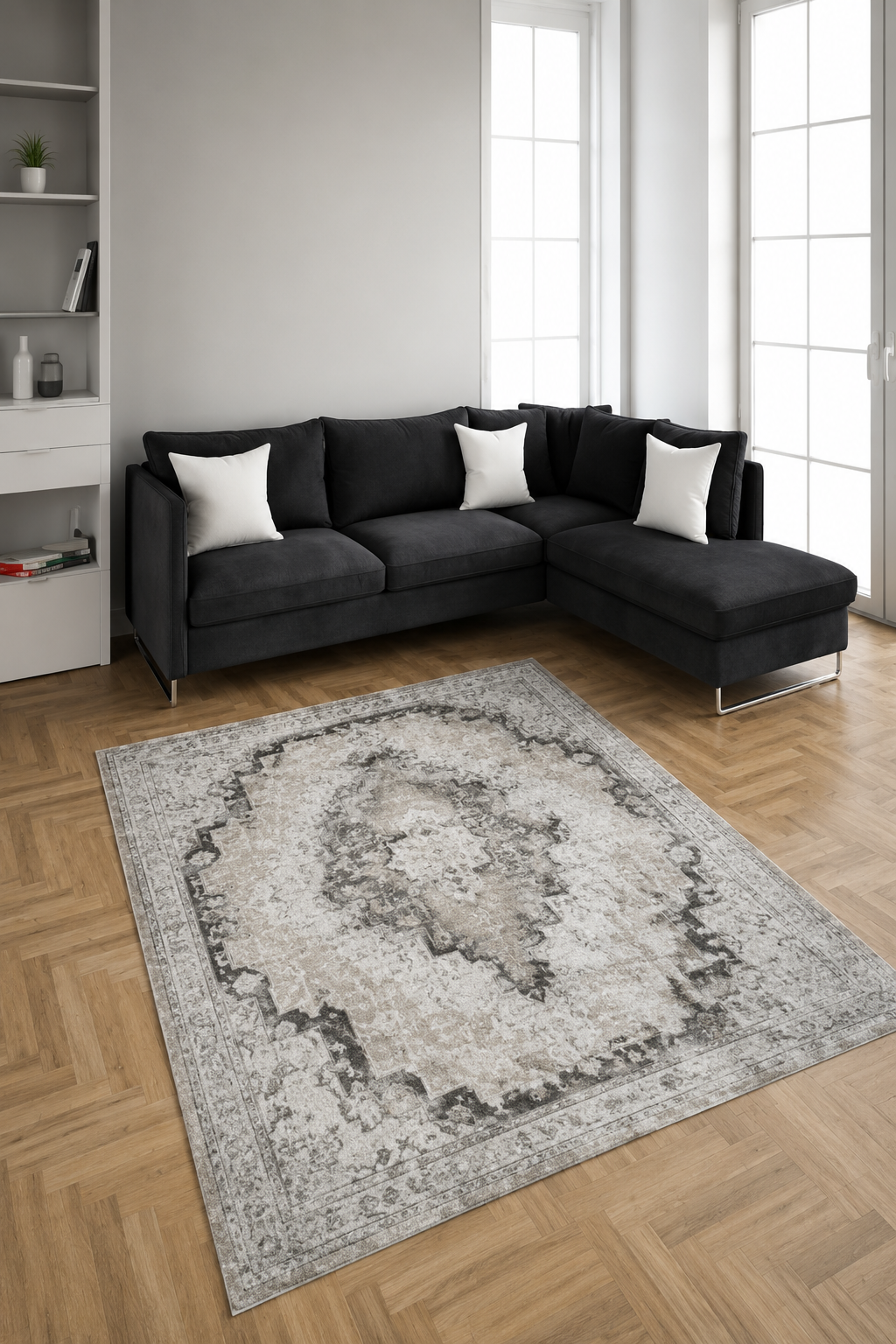 Nostalji Seri Gri Klasik Motifli Altı Kaymaz Makine Dokuma Halı | 13631