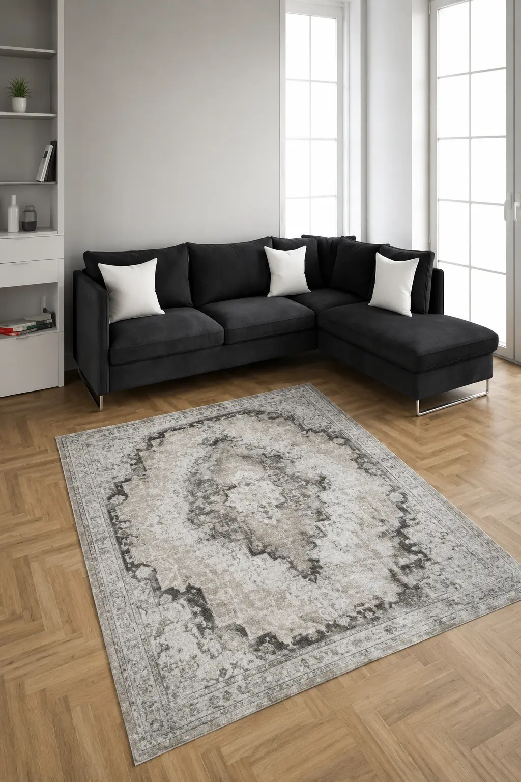 Nostalji Seri Gri Klasik Motifli Altı Kaymaz Makine Dokuma Halı | 13631