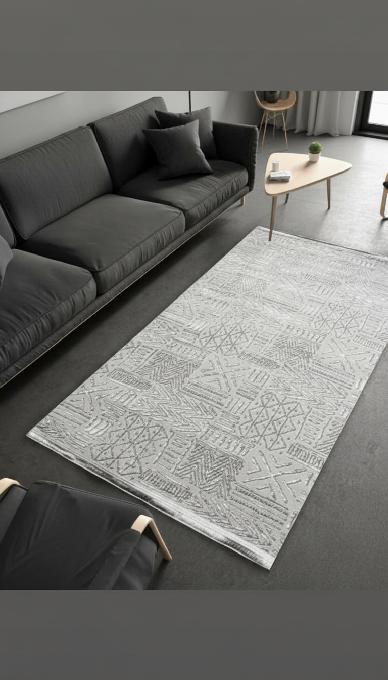Sultan Zen Etnik Desen Gri Modern Akrilik Makine Dokuma Salon Halısı - 6709