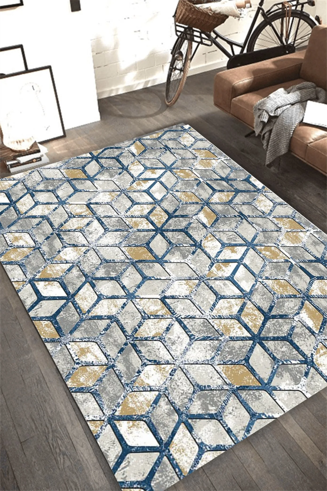 Vitra Mavi Yıkanabilir Kaymaz Taban Desenli Halı
